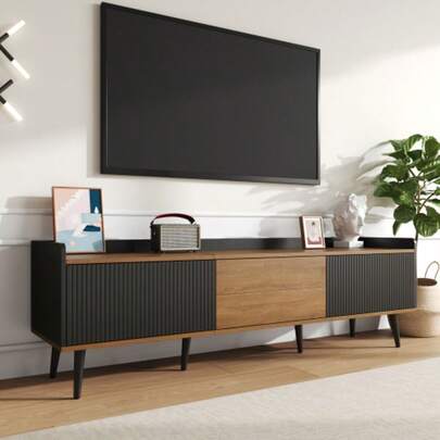 TV Cabinet, TV Table, TV Stand, Three-Door Base Unit. Compact Design. Black And Natural Wood Finish. Height 49.5 Cm / Length 160 Cm / Width 39 Cm