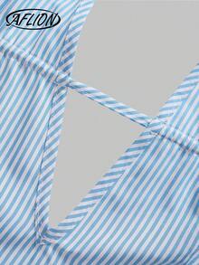 Aflion 女士夏季蓝色条纹吊带长裙 - 时尚性感Y2K露背荷叶边沙滩裙，适合约会、派对、情人节、海滩度假等场合 - 天藍色 - 查看 5