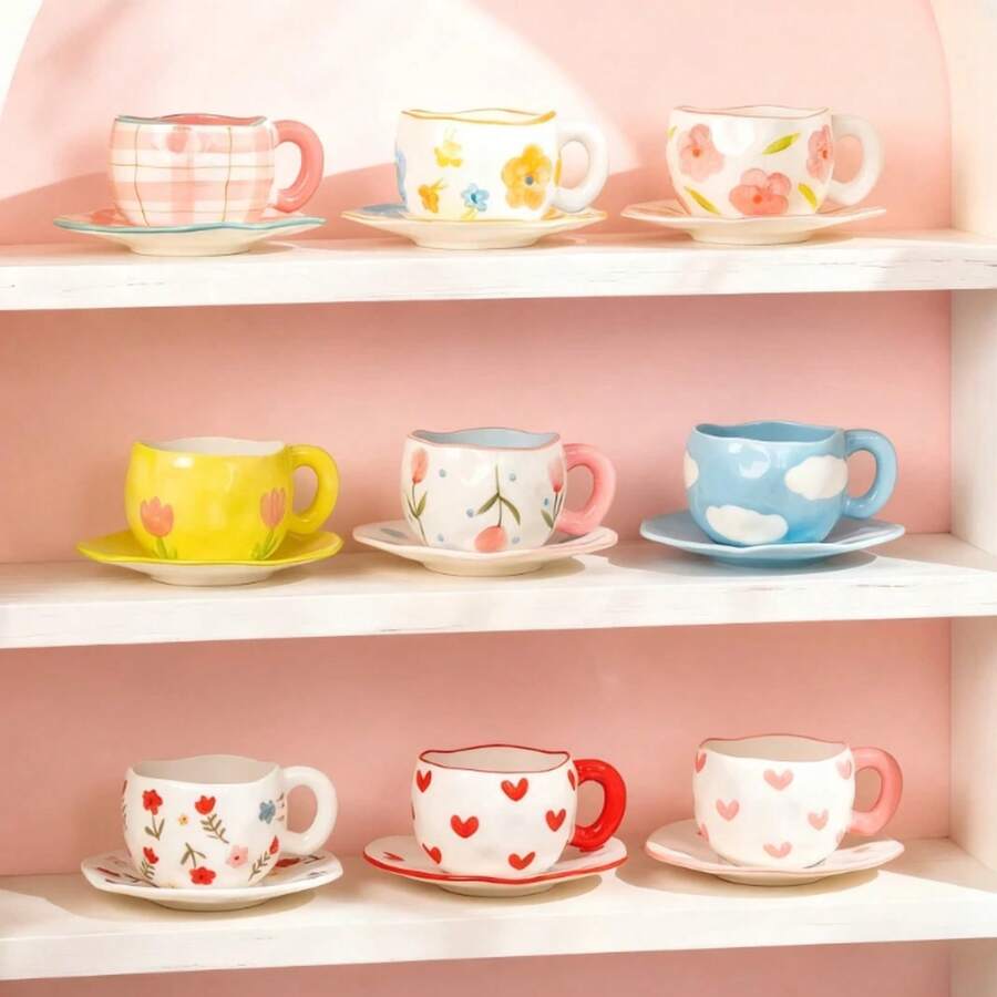 300ML Hand Pinched Ceramic Mug Cute Pattern Irregular Coffee Cup Breakfast Milk Oatmeal Mugs Afternoon Tea Cups Creative Gifts - 黃鬱金香 - 查看 1