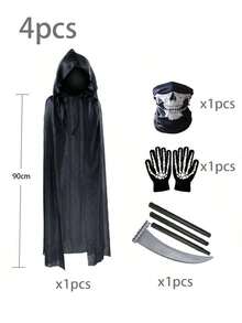 Halloween Grim Reaper Costume, Grim Reaper Scythe Death Scythe Staff, Skull Mask, Sky Hooded Cape, Skeleton Hand Gloves, Horror Role-Playing Costume Props, Party Exclusive Costume - Multicolor - View 13