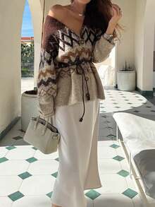 French Retro V-Neck Knit Cardigan, Women Autumn/Winter Cinched Waist Slim Sequin & Beaded Jacket - Multicolor - View 7