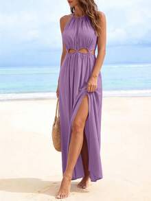 Women Summer Sleeveless Halter Dress Hollow Out Cutout Slit Flowy Long Dress Bohemian Party Cocktail Beach Holiday Vacation Boho Valentine Maxi Dress Sundress Outfits - 紫色 - 查看 4