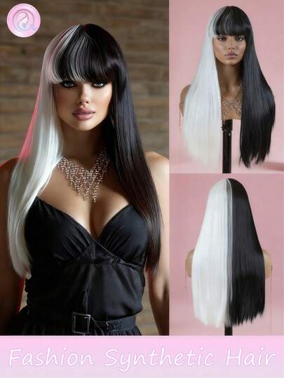 24英寸黑白合成纤维假发：这款舒适时尚的合成假发适合女性轻松打造甜美造型，触感自然柔软，耐热，用途广泛，多层设计，适合日常佩戴和派对等场合。