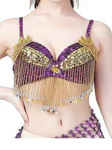 Áo bra múa bụng lấp lánh dành cho nữ, áo bra có tua rua, thích hợp cho tiệc chủ đề Halloween và biểu diễn trên sân khấu. - Nhiều màu - Xem 13