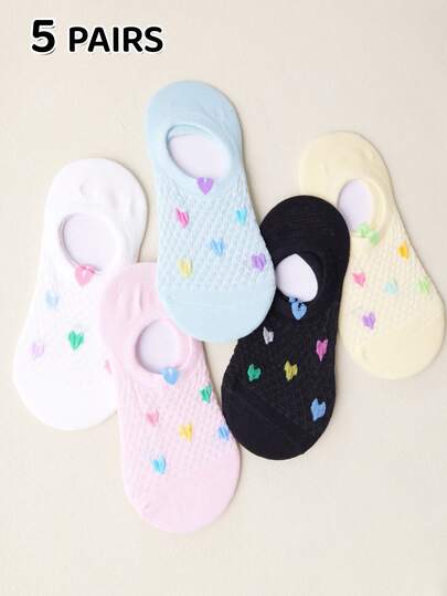 5 Pairs Women's No Show Socks With Heart Pattern, Soft, Comfortable, Breathable, Minimalist, Romantic, Cute, Casual, Suitable For Valentine's Day Gift, Spring/Summer