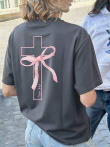 Women's Summer New Simple Criss-Cross Bow Print Casual Vacation Loose Versatile Round Neck Dark Grey Short Sleeve T-Shirt, Fashionable Everyday Top, Suitable For Daily And Vacation Wear - Dark Grey - View 1