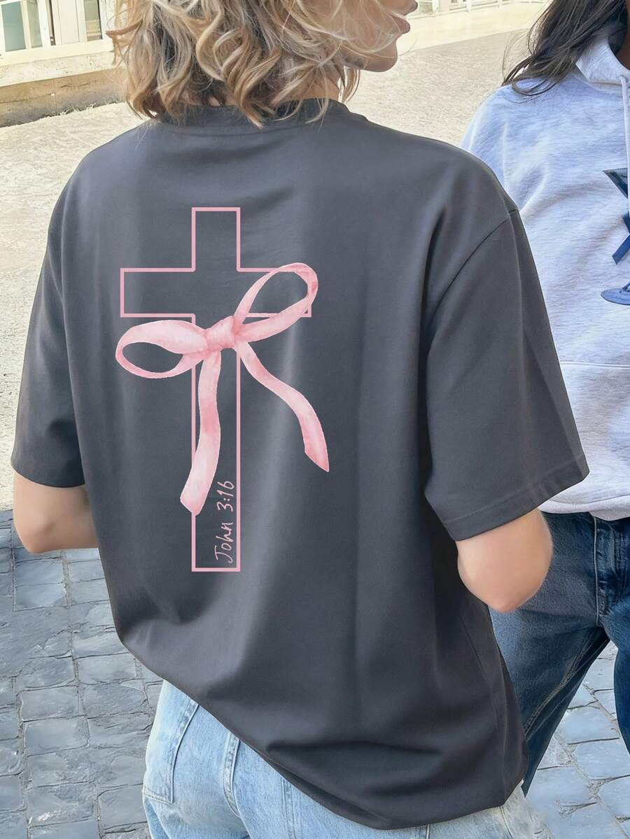 Women's Summer New Simple Criss-Cross Bow Print Casual Vacation Loose Versatile Round Neck Dark Grey Short Sleeve T-Shirt, Fashionable Everyday Top, Suitable For Daily And Vacation Wear - Dark Grey - View 1