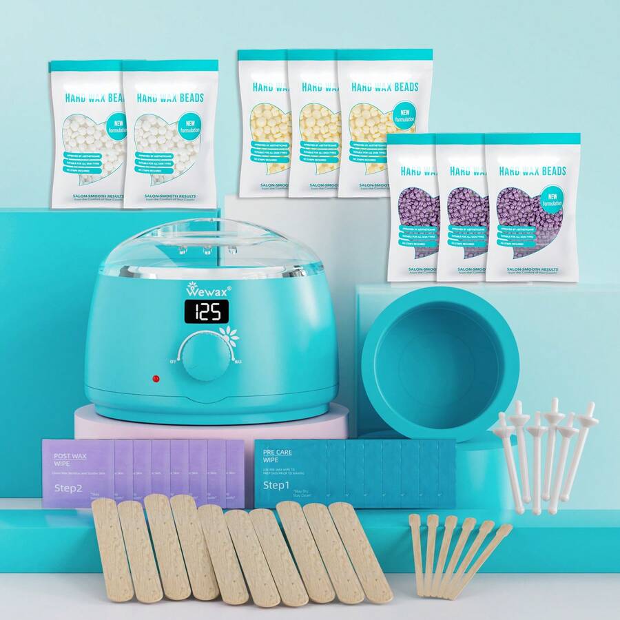 38件套数码脱毛蜡加热器套装，含8颗脱毛蜡豆、22种工具、脱毛前后清洁湿巾——适用于家庭面部、手臂、腿部、比基尼线和腋下脱毛 - 彩色 - 查看 1