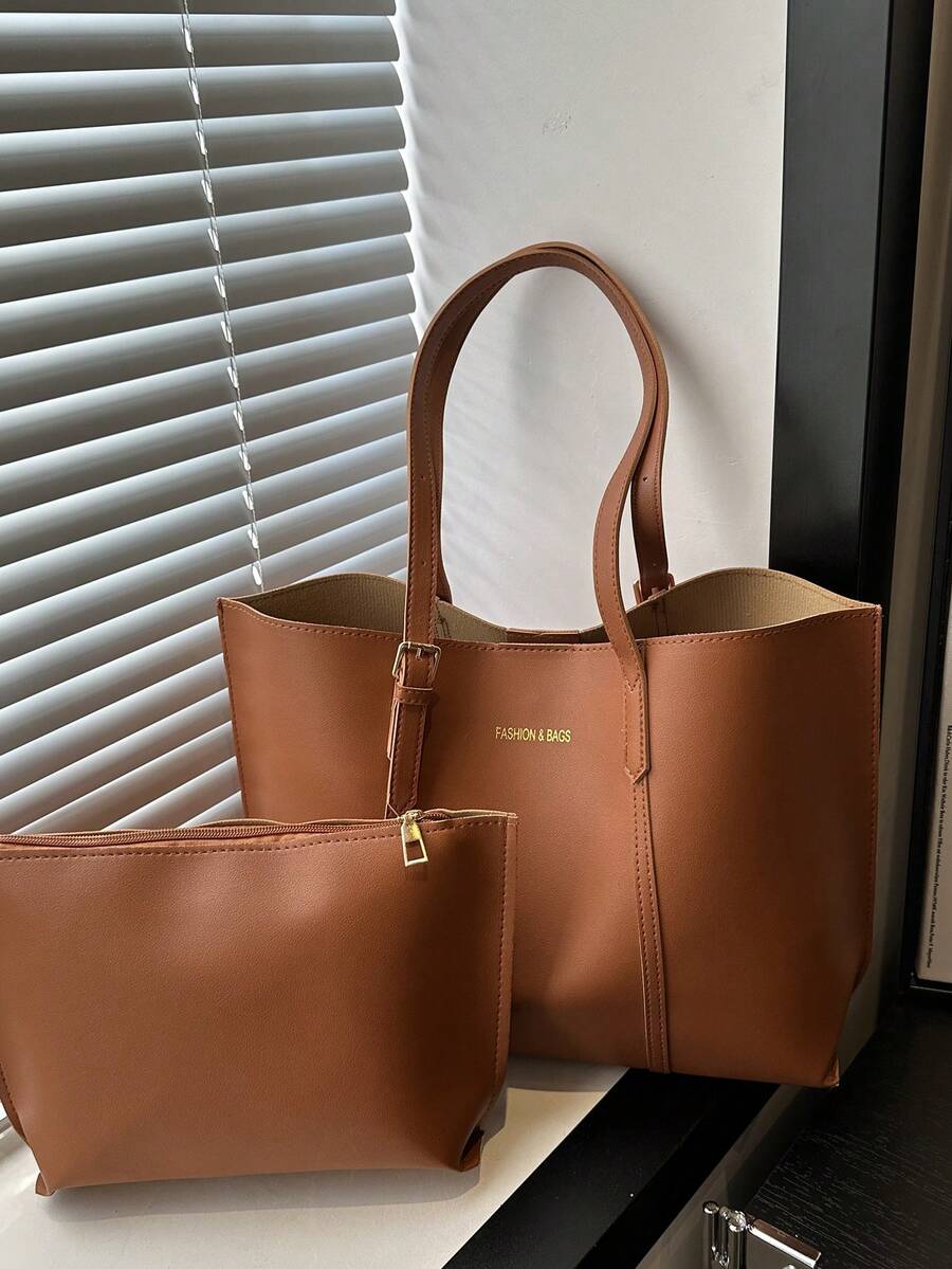 2pcs Women's Brown Quilted Lining Shoulder Tote Bag, Fashion Large Capacity Combination Handbag With Snap Closure, Casual Street Style For Photography, Daily Commute - Brown - View 1