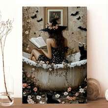 1 pieza de pinturas decorativas con marco para sala de estar [2D plano]A_Witch_reading_in_the_bathtub_2 impresión en lienzo, decoración de arte moderno para colgar en la pared, marco de madera sólida, uso interior, tema espacial, con ganchos, adecuado para dormitorio, cocina, comedor, baño, aula, Día de la Madre, Año Nuevo, regalos de Pascua, decoración de hogar de bruja, se puede colgar directamente y está disponible en varios tamaños, inyectando alegría en tu espacio único. - Multicolor - Ver 1