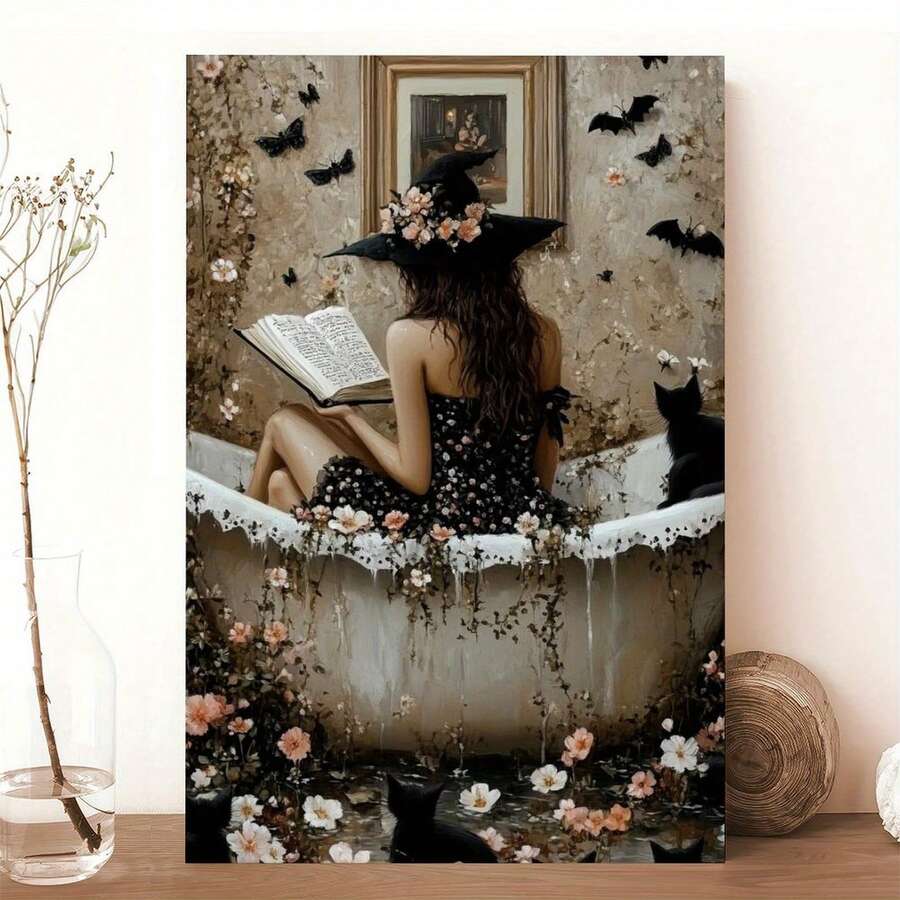 1 pieza de pinturas decorativas con marco para sala de estar [2D plano]A_Witch_reading_in_the_bathtub_2 impresión en lienzo, decoración de arte moderno para colgar en la pared, marco de madera sólida, uso interior, tema espacial, con ganchos, adecuado para dormitorio, cocina, comedor, baño, aula, Día de la Madre, Año Nuevo, regalos de Pascua, decoración de hogar de bruja, se puede colgar directamente y está disponible en varios tamaños, inyectando alegría en tu espacio único. - Multicolor - Ver 1