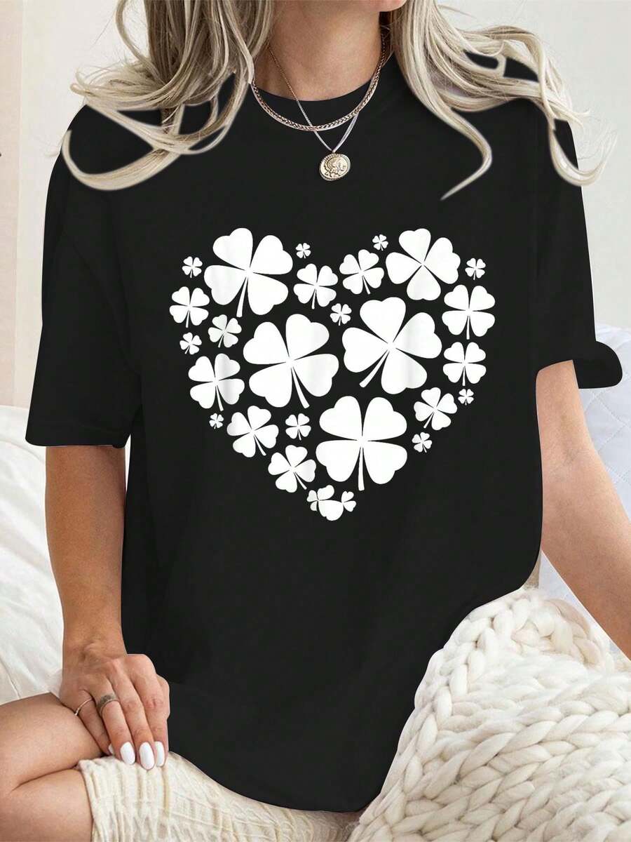 St. Patrick'Day Shamrock Heart Girls St Patricks Day Irish For Women T-Shirt Fashion Loose Casual Sports Summer Crew Neck Short Sleeved Top Women'Tops - Black - View 1