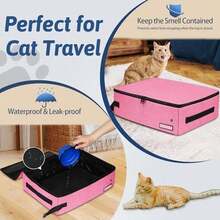 Petskd - Caja de arena de viaje para gatos con tapa, 15.7 x 11.8 x 5, caja de arena móvil portátil para gatos medianos y grandes, caja de arena a prueba de fugas para coche, viajes, hotel, estancias con una cuchara, un tazón y bolsas para caca - Pequeño Rosado - Ver 3