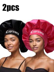 2pcs Black & Rose Red Constellation Printed Bonnet Set, Personalized Wide-Brimmed Satin Elastic Sleeping Hair Caps For Curly & Straight Hair - Black + Rose Red - Zodiac Sign (SM05 + SM10-1) - View 10
