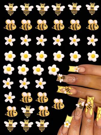 40pcs Resin Nail Art Accessories Set: Cute Bee And Daisy 3D Nail Decorations For Manicure