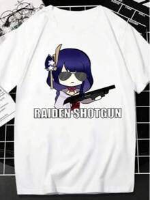 Women's Round Neck Short Sleeve Raiden Shotgun Graphic T-Shirt Casual Regular Length Knitted Top With Slight Stretch - 白色 - 查看 1