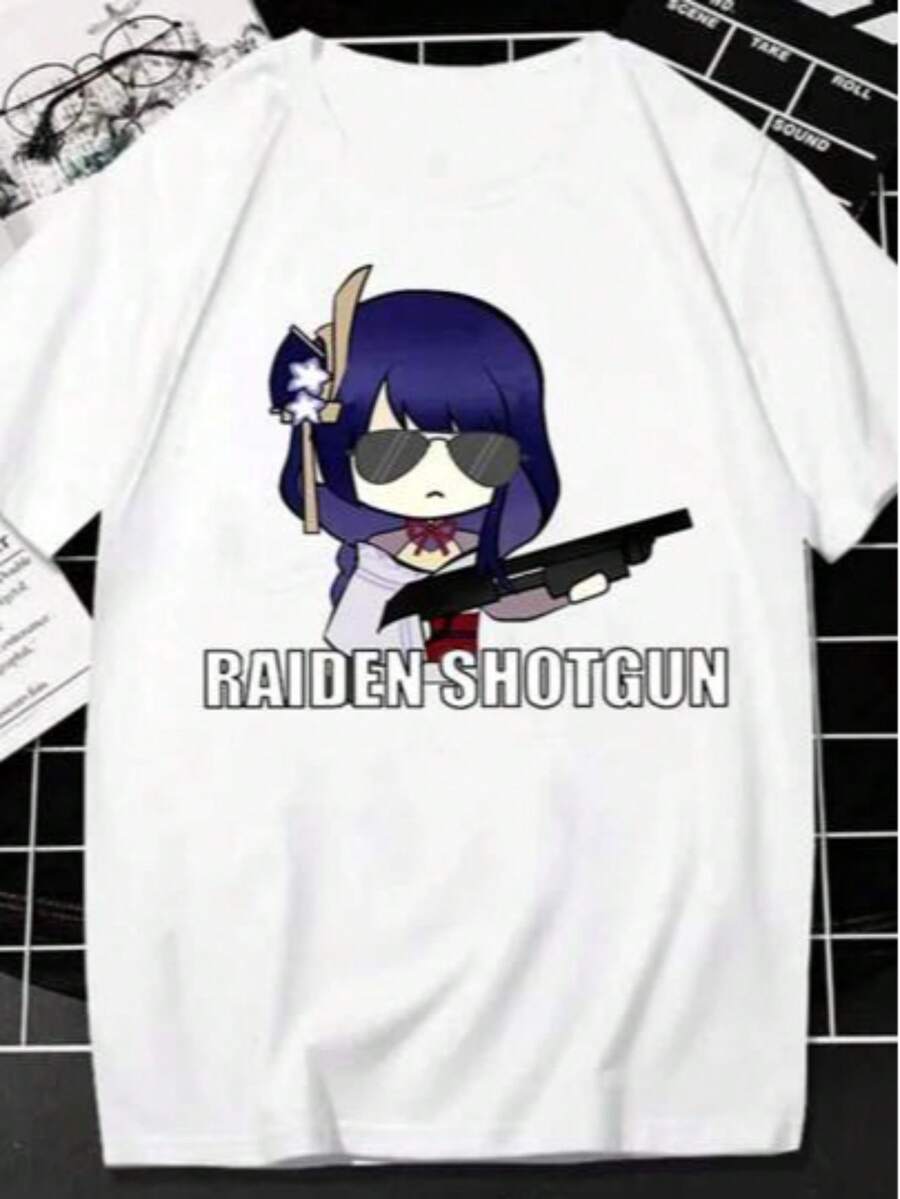 Women's Round Neck Short Sleeve Raiden Shotgun Graphic T-Shirt Casual Regular Length Knitted Top With Slight Stretch - 白色 - 查看 1