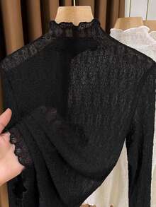 2025 New Spring/Summer/Autumn Lace Trim Turtleneck Sweater For Women, Thin Sheer Layering Top - Black - View 4