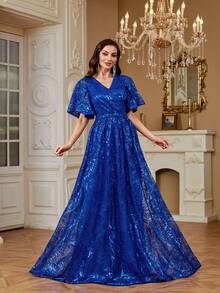 hezixi Elegant Luxury Embroidered Lace & Sequin Beaded Floral Design Sheer Long Sleeve Dress, Suitable For Wedding, Bridal Shower, Party, Banquet, Honeymoon Evening Dress Spring - Sapphire - View 7