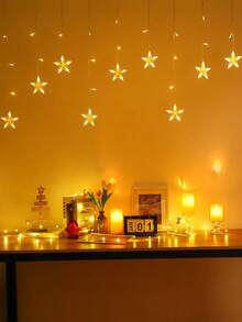 1 Set 2M 62 LED Star Curtain String Lights, Battery Powered, Suitable For Indoor Bedroom Decor, Room Decor, Wall Decor, Curtain Decor, Home Decor, Yard Decor, Also For Holiday, Party, Wedding, Christmas Decoration - 9 Stars - View 5