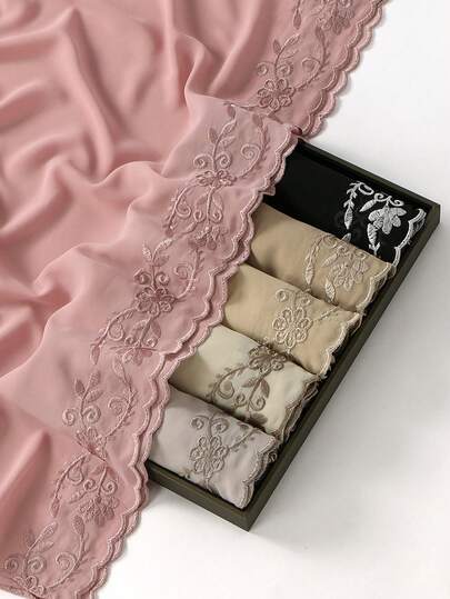 1pc Women's Solid Color Embroidered Lace Muslin Headscarf, Floral Embroidered Chiffon Scarf Shawl, Soft Lightweight Breathable Long Headscarf, Casual Versatile For Daily, Festivals, Gatherings, Outings