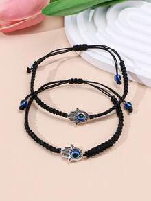2pcs/Set Alloy Palm Friendship Bracelets, Retro Braided Couples Bracelets, Turkish Evil Eye Bracelets - Multicolor - View 6