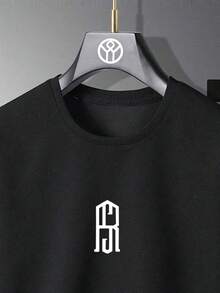 Setelan Kaos dan Celana Pendek Lengan Pendek Leher Bulat Warna Polos Bermotif, Menyerap Keringat, dan Bernapas untuk Remaja di Musim Panas - Hitam - View 4
