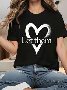 Women's T-Shirt With Round Neck And Short SleevesLet Them Heart Graphic T-Shirt For Women Casual Black Tee With Love DesignFun Printing, Suitable For Christmas Partysports Activitiesholiday Partiesoutingssports And Other Holiday Gifts (220g). - 白色 - 查看 5
