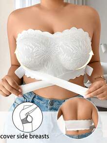 Plus Size Comfortable Lace Patchwork Wireless Front Closure Bra - White - View 1
