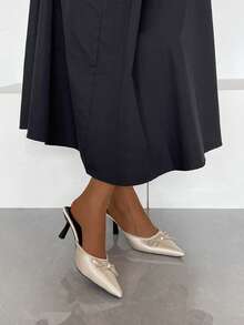 女士新款尖头高跟鞋，蝴蝶结装饰优雅香槟色高跟鞋，时尚百搭尖头穆勒鞋，一脚蹬细高跟鞋