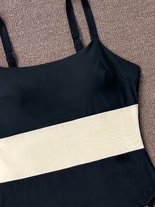 Áo tắm liền thân nữ màu đen trắng phối tương phản, dây mảnh, ôm bụng, thích hợp cho tiệc biển mùa hè, trang phục đi biển liền thân năm 2026 cho nữ, đi nghỉ mát. - Thanh đen - Xem 4