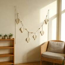 1pc Macrame Wall Hanging, Boho Style Curtain Decor, Handwoven Wood Bead Leaf Tassel Wall Tapestry, Background Decor For Wall, Headboard, Bed - Beige - View 3