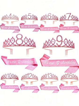 2 szt./zestaw, odpowiednie dla dzieci w wieku 4-9 lat, prezent urodzinowy, prezent na imprezę, kryształowa wianek, wstążka z kwiatami piwonii, cyfrowa ceremonia, różany pasek na ramię, cebulowo-różowy pasek, zestaw świąteczny, modna cyfrowa, wykwintna korona, akcesoria do włosów, moje urodziny, różowe Walentynki, dekoracja walentynkowa, impreza walentynkowa