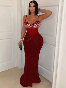 Vestidos Elegantes De Mujer Vestidos Dresses For Women Formal Dresses For Women Dresses For Women Elegant Prom Dresses Formal Dresses For Women Formal Gowns For Women Evening Elegant Velvet Sequined Party Dress Dress, Rhinestone Halter Dress, Body-Hugging Long Dress For Women - 紅色 - 查看 1