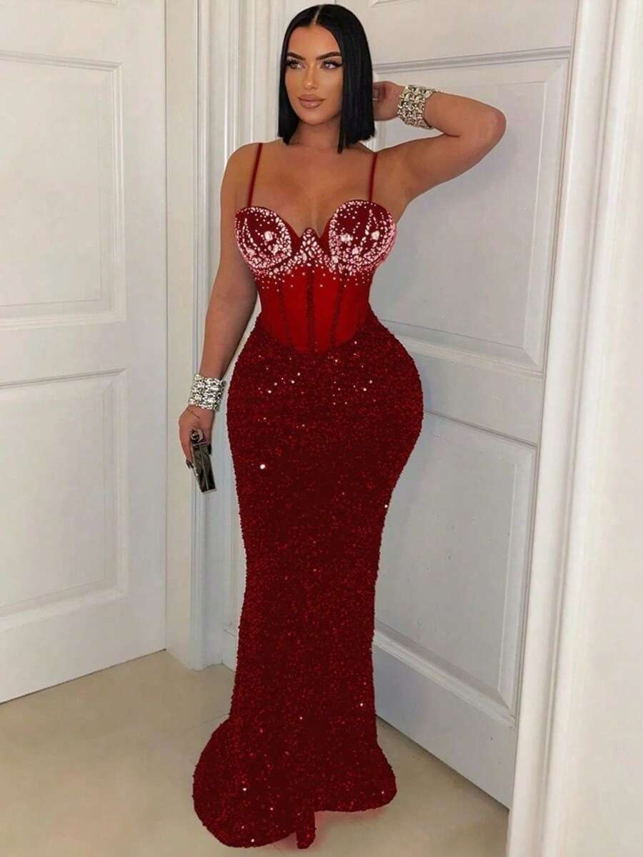 Vestidos Elegantes De Mujer Vestidos Dresses For Women Formal Dresses For Women Dresses For Women Elegant Prom Dresses Formal Dresses For Women Formal Gowns For Women Evening Elegant Velvet Sequined Party Dress Dress, Rhinestone Halter Dress, Body-Hugging Long Dress For Women - 紅色 - 查看 1