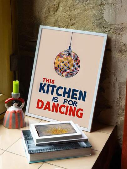 【2D平面】复古迪斯科球帆布印刷墙画 - “这间厨房是用来跳舞的” 鲜艳多彩设计，2D平面，厨房迪斯科，这间厨房是用来跳舞的墙画，迪斯科印刷墙画，墙画，卧室海报