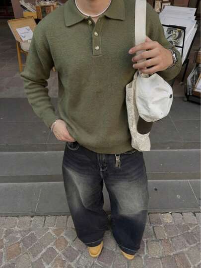  ANDREILEE Solid Color Polo Neck Long Sleeve Pullover, Loose Comfortable Retro Unisex Knit Top, Suitable For Autumn And Winter