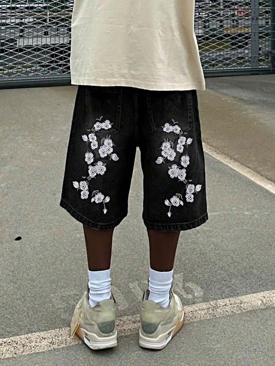 Shorts jeans masculinos retos e folgados com bordado floral, estilo casual streetwear hip hop. - Preto - Ver 1