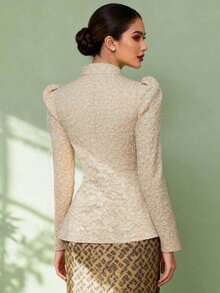 Elegant Modern Malaysian Nyonya Style Women's Top, Stand Collar Design, Asymmetrical Neckline, Graceful 3D Floral Pattern, Suitable To Pair With Women's Blouses, Tops, Nyonya Style Tops And Traditional Malaysian Nyonya Tops, Eid Clothes - Champagne - View 5