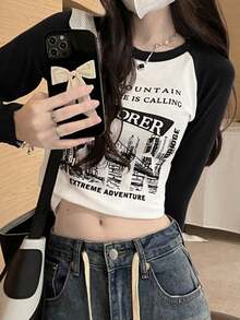 女士春季新款短款修身撞色圆领字母印花简约百搭长袖T恤 - 黑與白 - 查看 7