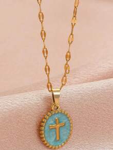 1pc Casual Retro Hong Kong Style French Luxury Chic Oval Multi-Element Low Saturation Necklace