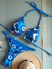 女士度假眼纹系带性感比基尼套装夏季 - 彩色 - 查看 1