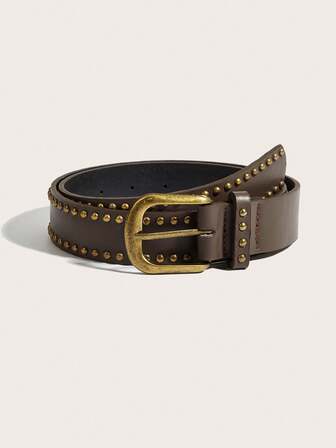 1pc Vintage Punk Coffee Color Women's Belt, Y2K Western Style Double Row Rivet Solid Color Belt, Studded Belt, Casual Fashion Women's Accessory Belt, Suitable For Pants, Dresses, Casual Wear, Western Accessories, Suitable For Street, Date, Campus, Rock, Shopping, Music Festival