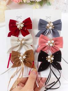 6个天鹅绒水钻蝴蝶结发夹，饰有珍珠飘带，可爱女孩校园风发饰，适合日常佩戴和派对，秋冬季 - 彩色 - 查看 7