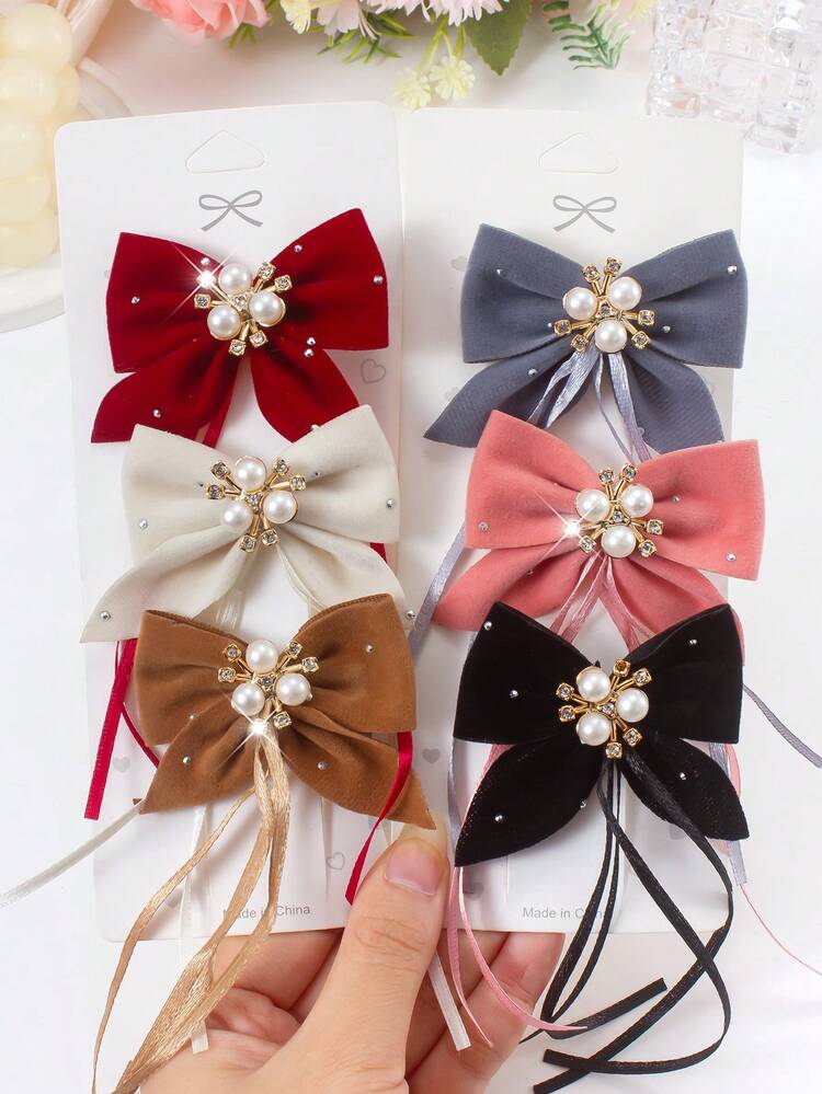 6 دبابيس شعر مزينة بالقوس المخملي والراين والخرز، إكسسوارات شعر بأسلوب مدرسي جميل للفتيات، مناسبة للارتداء اليومي والحفلات، خريف/شتاء - متعدد الألوان - مشاهدة 7