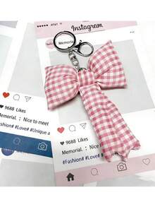 1pc Sweet Girls Heart Plaid Bow Keychain Bag Charm, Cute Backpack Purse Pendant Perfect For Back To School & Daily Use - Multicolor - View 3