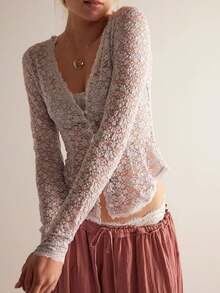 Women's Lace Sheer Cardigan Button Down Long Sleeve V-Neck Lightweight Jacket For Spring Fall, Perfect For Casual Wear, Work, Or Outings - trắng - Xem 4