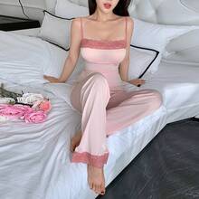 刺绣蕾丝拼接性感吊带背心和长裤睡衣套装 - 粉色 - 查看 3