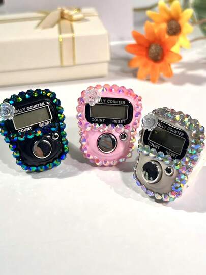 Gepersonaliseerde, modieuze, draagbare ringenteller met strasssteentjes, elektronische ringenteller voor de rozenkrans, gebedsaccessoires, multifunctionele teller, compacte, luxe ringenteller, draagbaar voor mannen en vrouwen, geschikt als cadeau voor de feestdagen, voor het tellen van gebeden, enz.