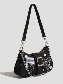 Y2K Style Retro Shoulder Bag For Women, Color Block Crossbody Star Chain Purse Small Bag For Girls, Ladies, Students, Young Professionals, Office Workers, Commuters, School Outings, Stars Hollow Women Bag, 2000s Fashion Style Bag For Women, Halloween Purse Perfect For Fancy Party Halloween Fashion & Gothic Fashion, Best Halloween Gifts For Women - 黑色 - 查看 1